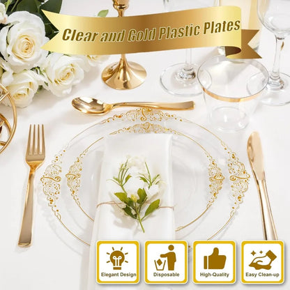 150PCS Clear and Gold Plastic Plates Disposable Dinnerware Set for Elegant Events and Parties Ideal for Serving 25 Guests with