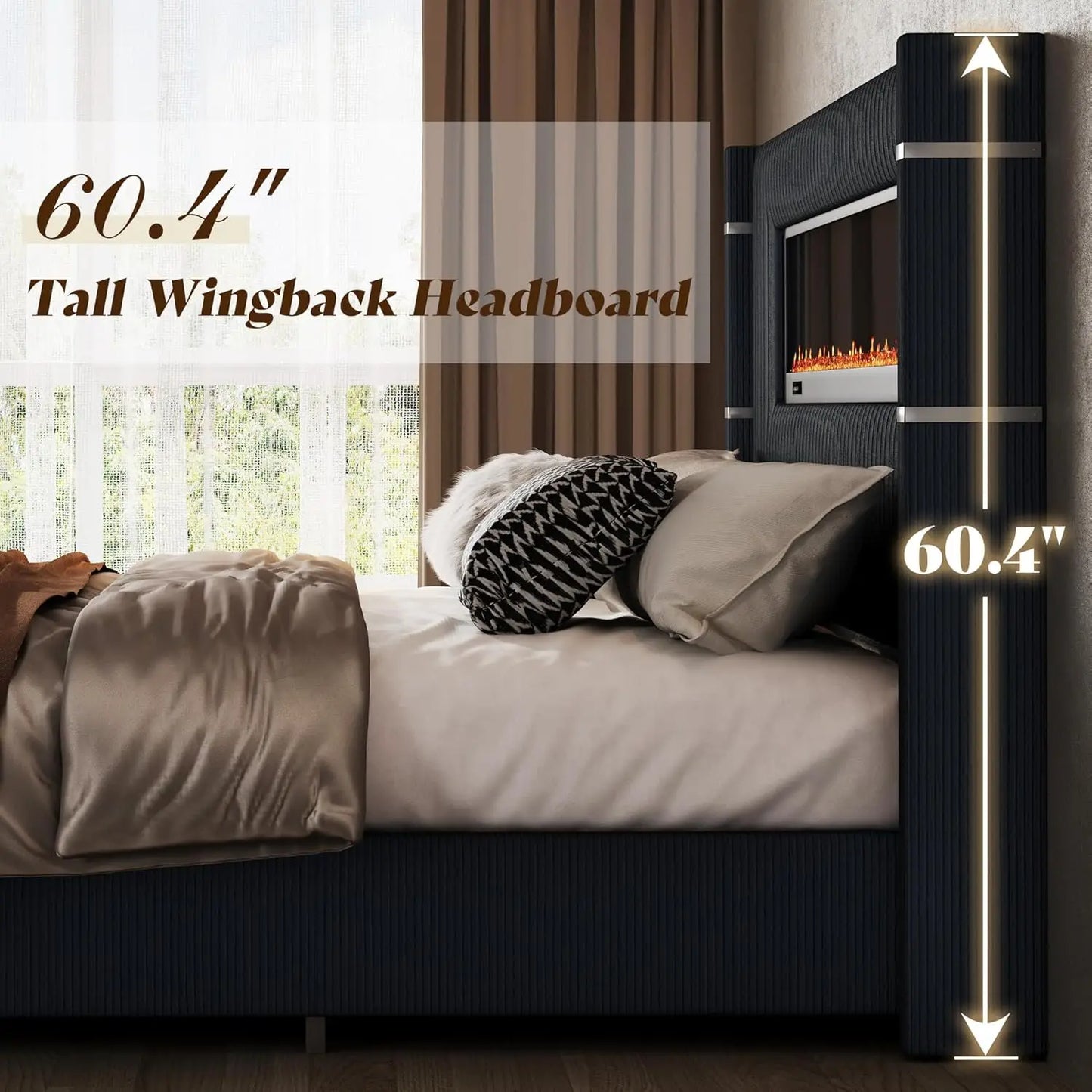 Modern California King Size Bed Frame with Fireplace, Corduroy Upholstered Bed Frame with 60.4“ Extra Tall, Customized