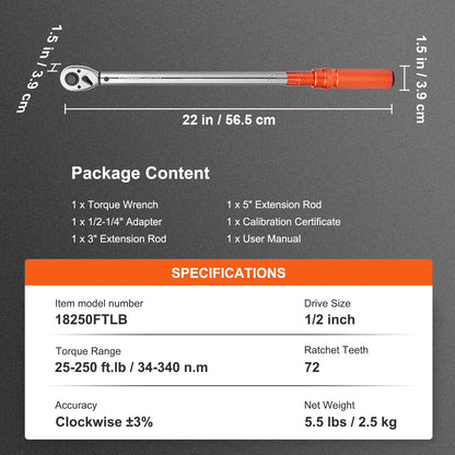VEVOR 1/2" 1/4" 3/8" Mechanical Torque Wrench Set Precision Pointer Hand Tools Torque Wrench Mechanical Workshop Car Repair Tool