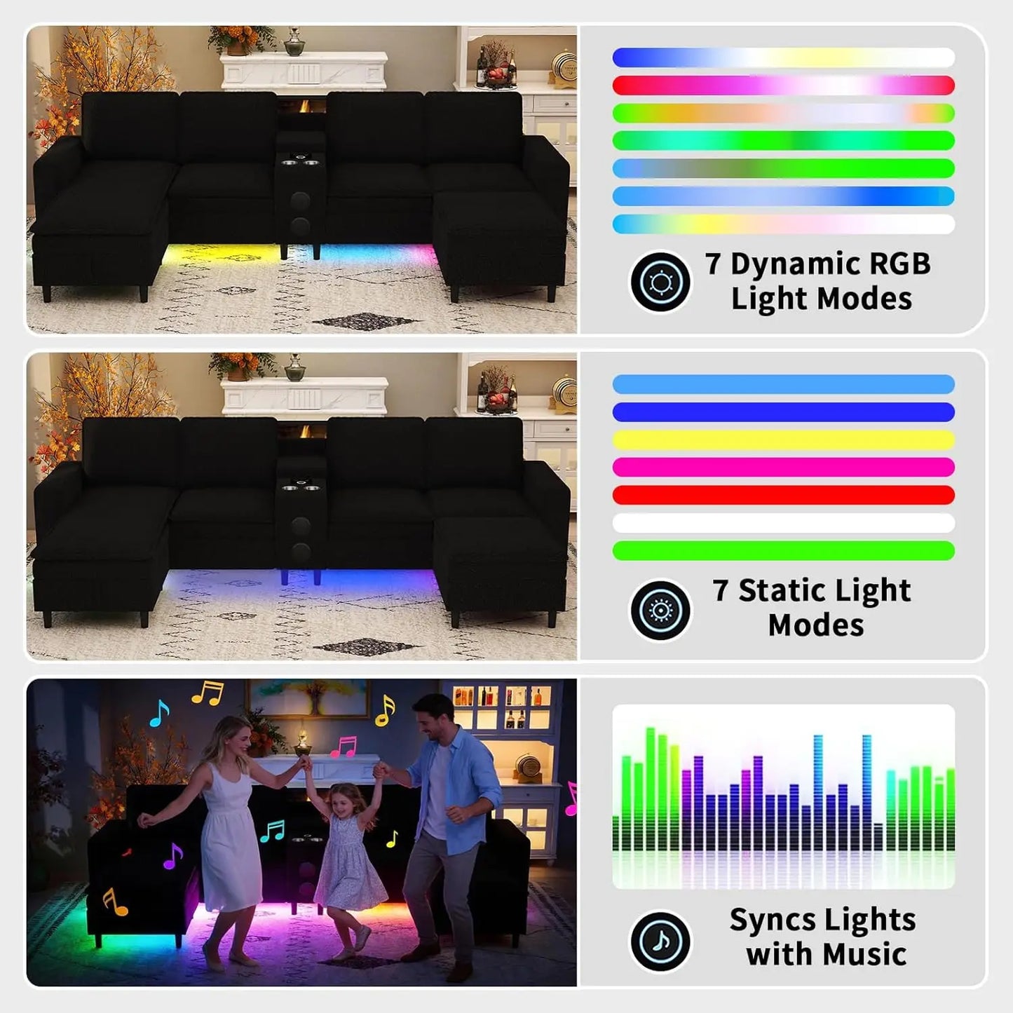 Sectional Couches for Living Room, 6 Seat Sectional Sofa with Bluetooth Speaker/RGB Light/Charging Station, Teddy, Customized
