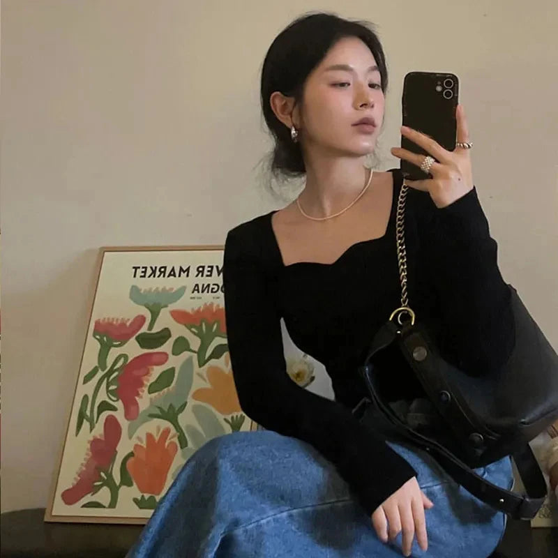 Knitted Pullovers Women Vintage Solid Sweaters Autumn Winter Korean Elegant Slim Knitwear Square Collar All Match Jumpers New