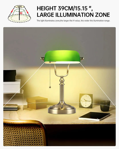 Green Glass Bankers Desk Lamp, Stepless Dimmable Table Lamp Plug in Fixture for Study, Office, LED Bulb Included