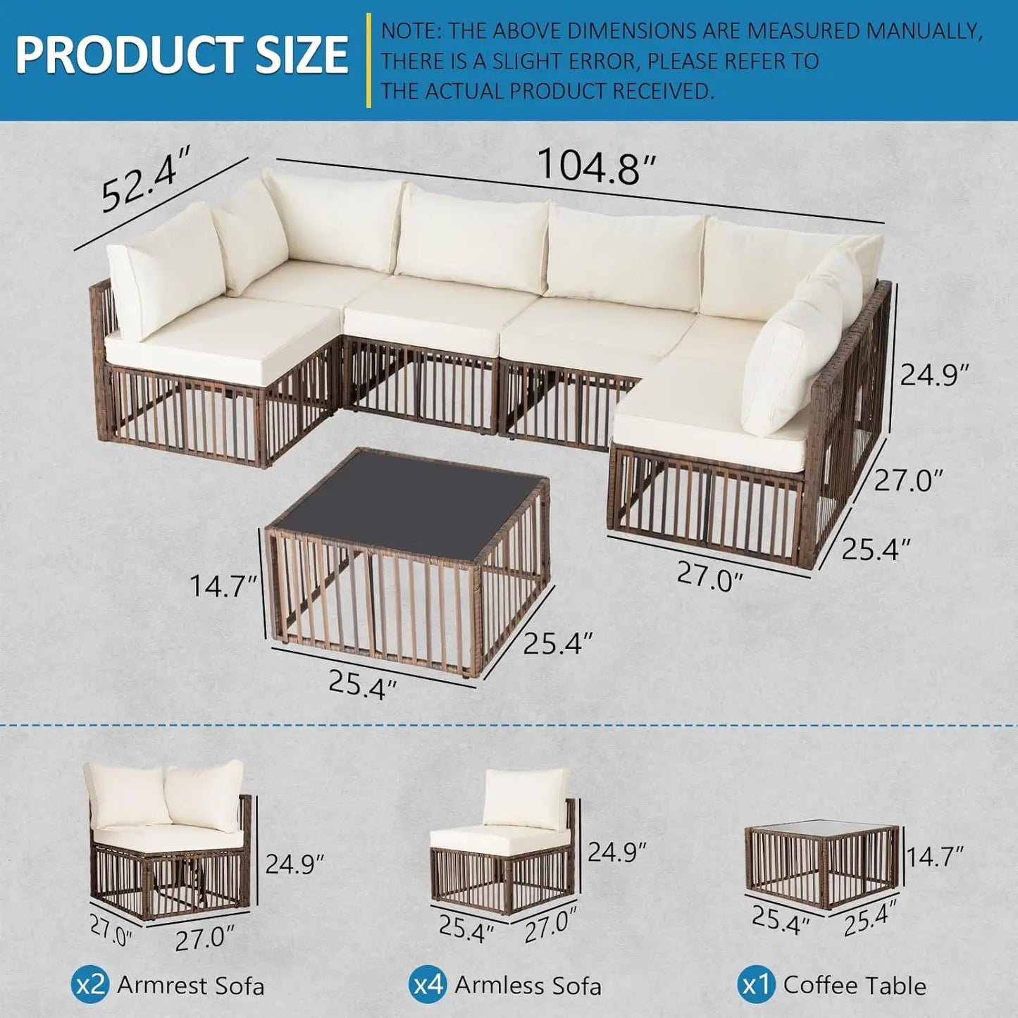 7 Pieces Outdoor Patio Furniture Set, Wicker Outdoor Sectional Conversation Couch Set with Adjustable Backrest Sofa