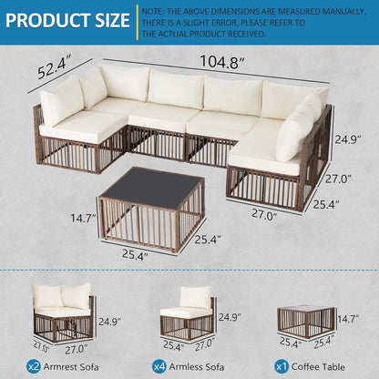 7 Pieces Outdoor Patio Furniture Set, Wicker Outdoor Sectional Conversation Couch Set with Adjustable Backrest Sofa