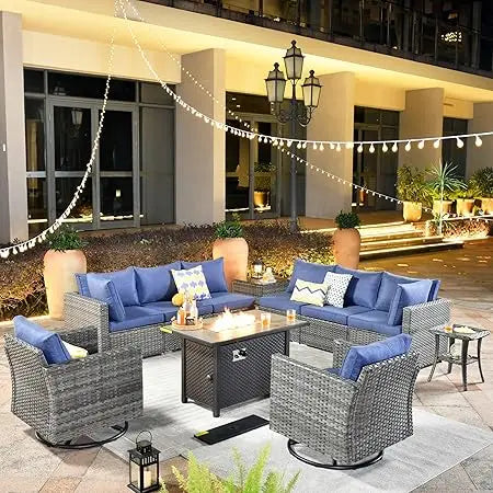 11 Piece Outdoor Patio Furniture Set with Fire Pit Table,Conversation Sectional Wicker Couch with Swivel Chairs,Modern Outside