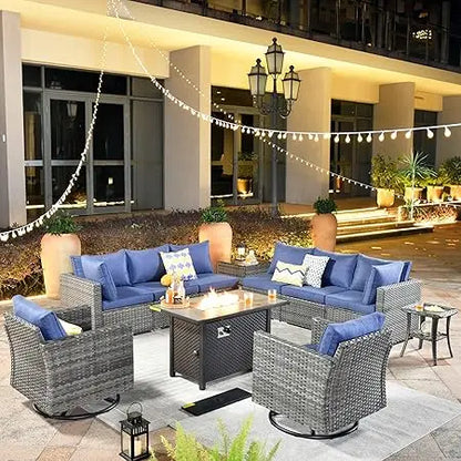 11 Piece Outdoor Patio Furniture Set with Fire Pit Table,Conversation Sectional Wicker Couch with Swivel Chairs,Modern Outside