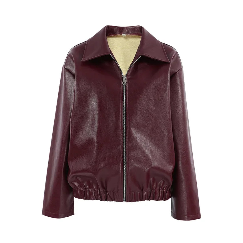 Retro motorcycle style wine red PU leather jacket for women 2025 autumn fashion matte leather jacket jacket