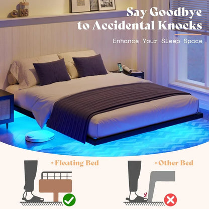 Queen Size Floating Bed Frame, Queen Bed Frame with LED Light, Heavy Duty Metal Platform Bed, No Box Spring Needed/Nois