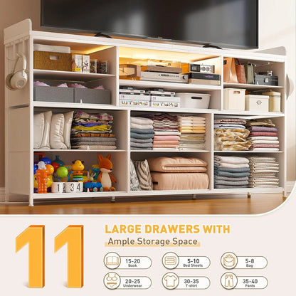 Dresser for Bedroom with 11 Drawers for 60" TV Stand for Bedroom with LED Lights & Charging Station Long Dresser with Shelves