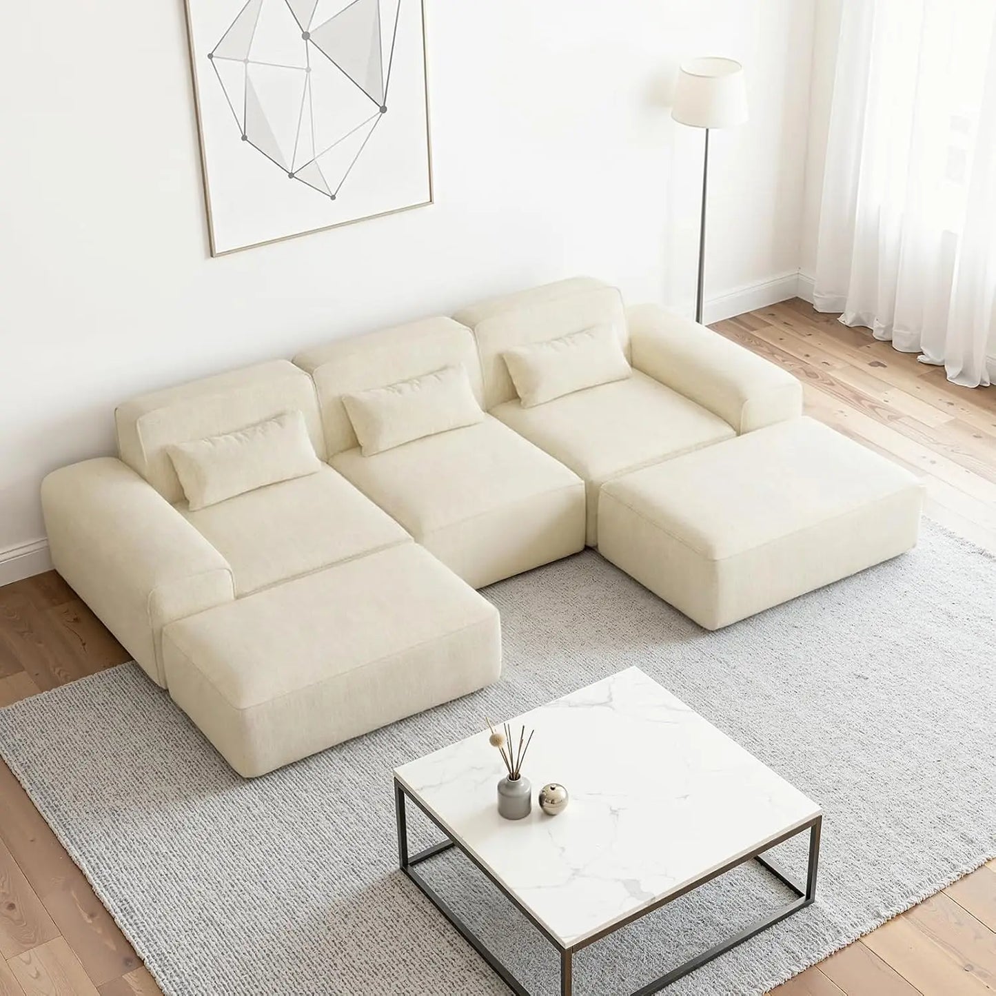 110" U Shaped Modular Cloud Sectional Sofa, Boneless Couch with 2 Ottomans for Living Room, 3-Seater Deep Seat, Customized