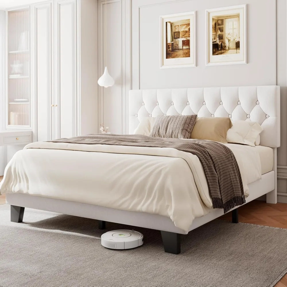 Upholstered Bed Frame with Headboard, Button Tufted Linen Bed Base, Platform Bed with Wood Slat, Heavy Duty,, Customized