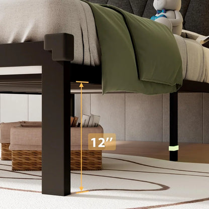 Twin Metal Bed Frame, Linen Platform Bed with Button Tufted Headboard, Heavy Duty Slats Support, 12" Under Bed Storage,