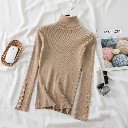 2025 Knitted Turtleneck Women Sweater Button Long Sleeve Pullovers Autumn Winter Basic Femme Sweaters Slim Solid Pull Tops