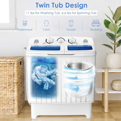 Portable Washing Machine 20lbs Mini Twin Tub Washing Machine with Drain Pump SemiAutomatic 12lbs Compact Washer and 8lbs Spinne