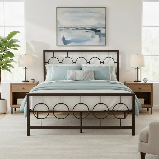 HOOMIC Metal Platform Bed Frame with Vintage Circular Headboard & Footboard, Extra Under-Bed Storage, No Box Spring Needed