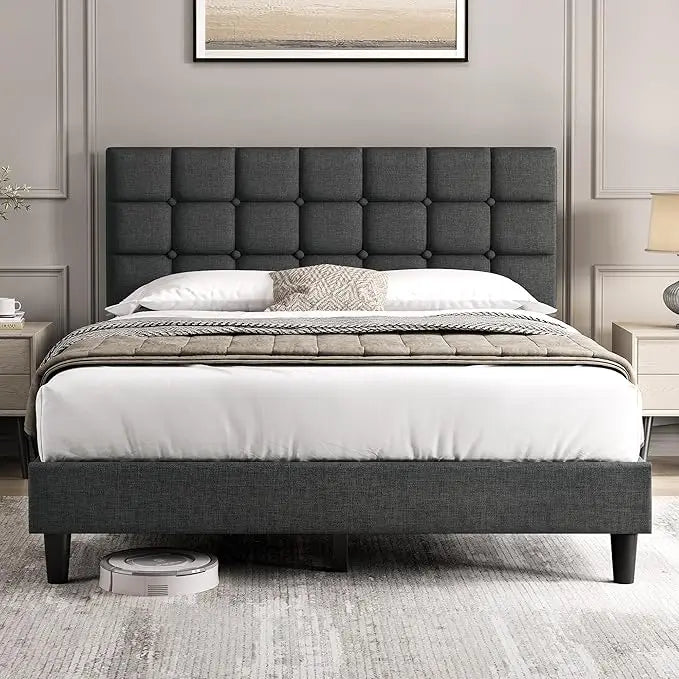 Upholstered Bed Frame, Modern Queen Bed Platform with Square Stitched&Button Tufting Headboard Height Adjustable, Wooden