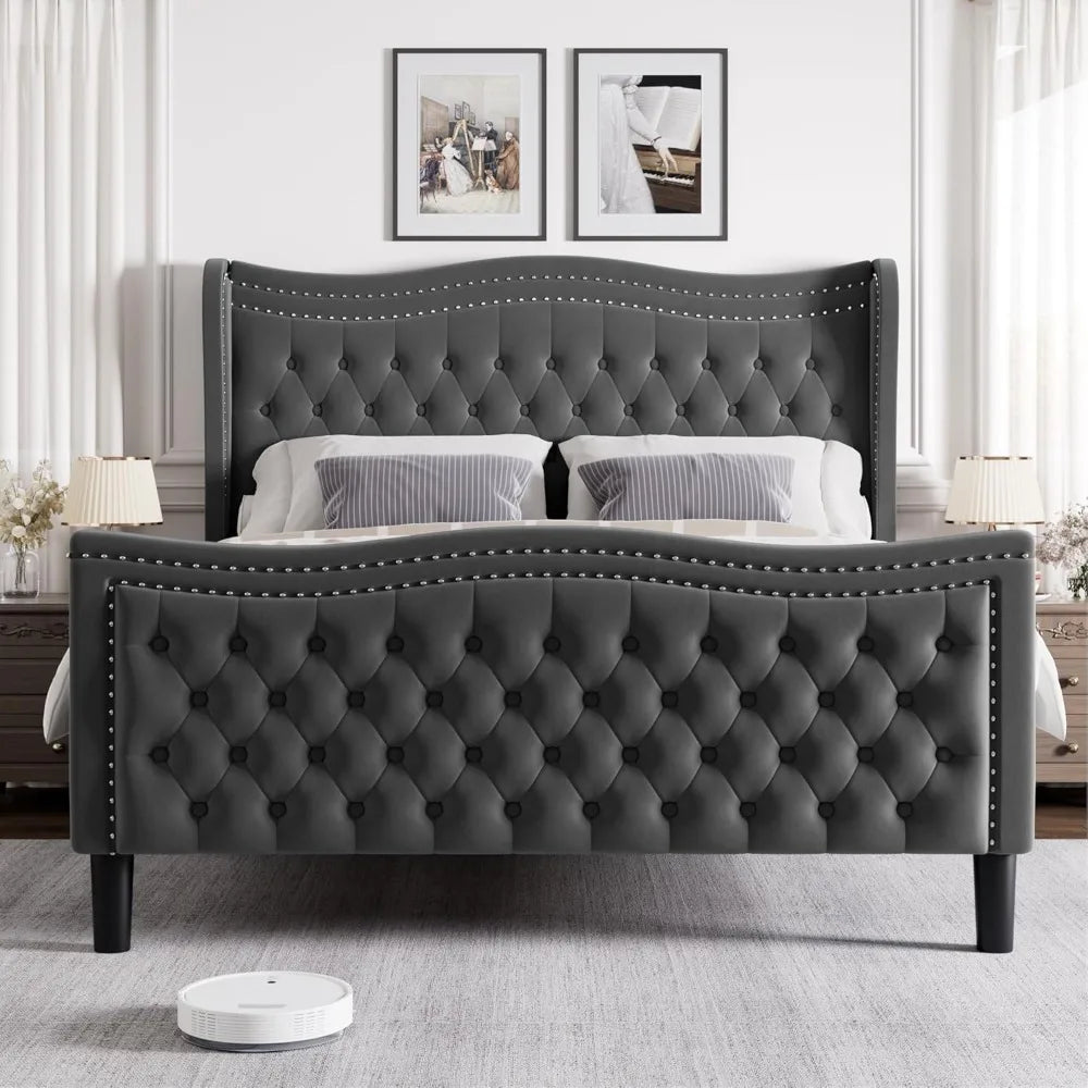 Full Bed Frame with Tall Headboard & Footboard,Velvet Upholstered Platform Bed Frame with Deep Button Tufted Wingback,Customized