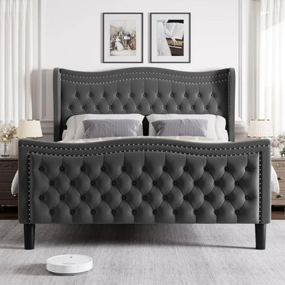 Full Bed Frame with Tall Headboard & Footboard,Velvet Upholstered Platform Bed Frame with Deep Button Tufted Wingback,Customized