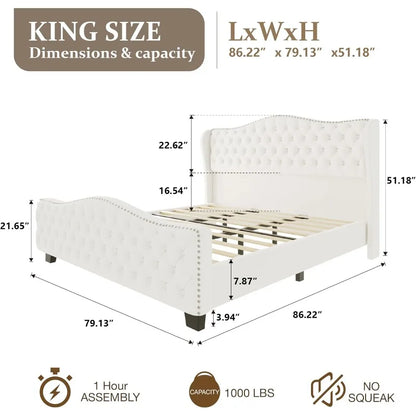 Platform Bed Frame with 51-inch Tall Camelback Headboard & Wingback, Deep Button Tufted Footboard with Nailhead Trim,