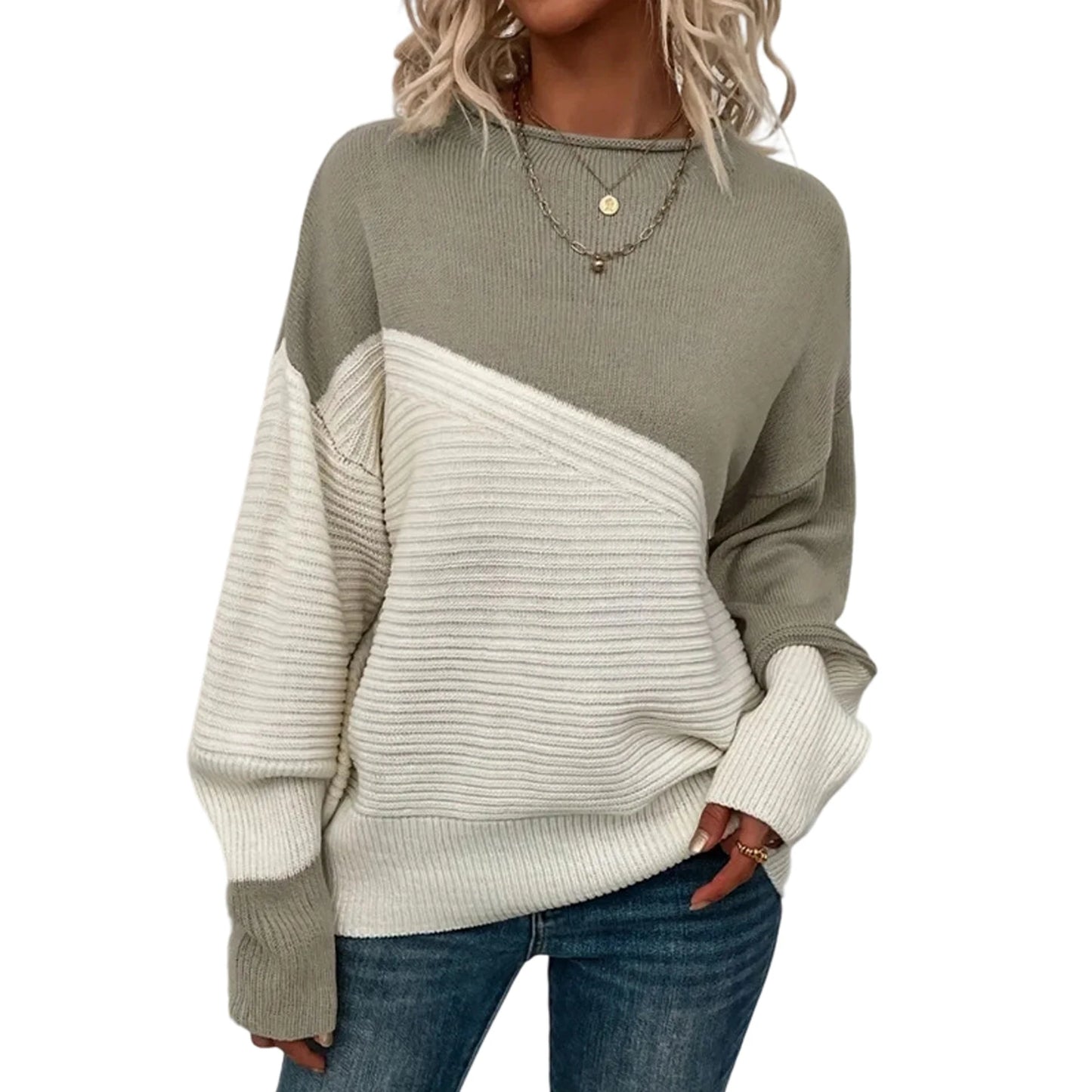 Women'S Casual Round Neck Colorblock Pullover Sweater Loose Casual Long Sleeve Contrast Color Top Pulls Femmes Woman Clothes