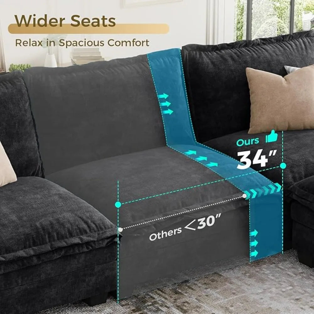 L-Shaped Modular Sectional Sofa, 4 Seater Cloud Couch with Ottoman, Chenille Sectional Couches for Living Room,Customized
