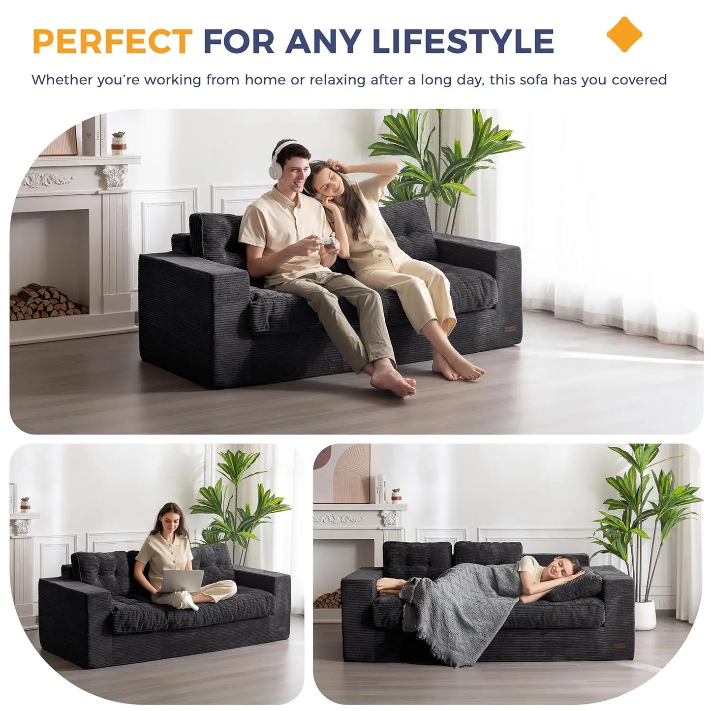 3 Seater Couch for Living Room, Boneless Couch with Tufted Cushion & Backrest, Upholstered Floor Sofa, Sofa in A, Customized