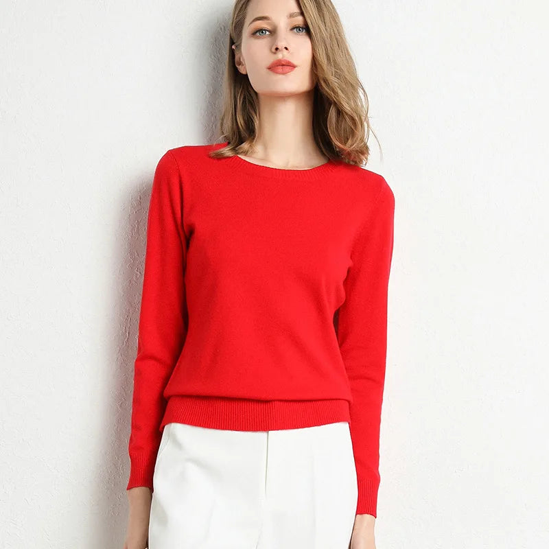 Women Slim O-Neck Pullover Cashmere Wool Blending Sweater Autumn And Winter Long-Sleeved Knit Bottoming Shirt Large Size 2024