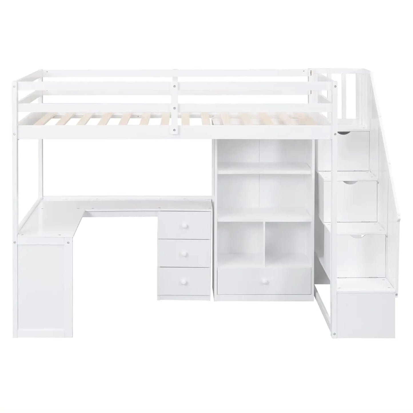 Solid Wood Loft Bed with L-Shaped Desk, Twin Loft Bed with Storage Drawers and Cabinets, White, Customized