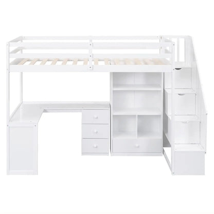 Solid Wood Loft Bed with L-Shaped Desk, Twin Loft Bed with Storage Drawers and Cabinets, White, Customized