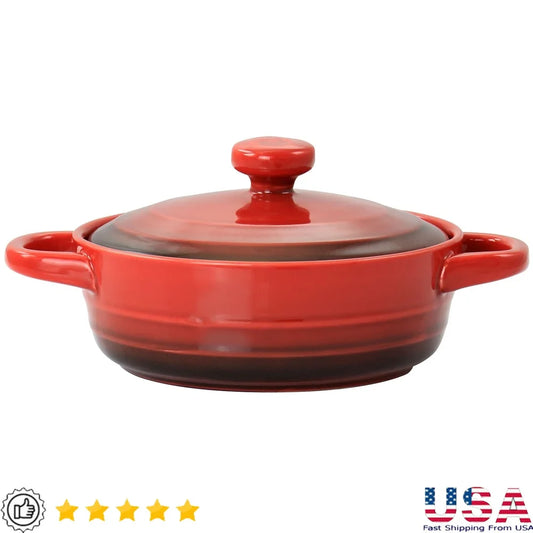 Mini Casserole Baker Stoneware Dish Gradient Red Oven Safe Great Side Dishes Desserts Durable with Lid Integrated Handles