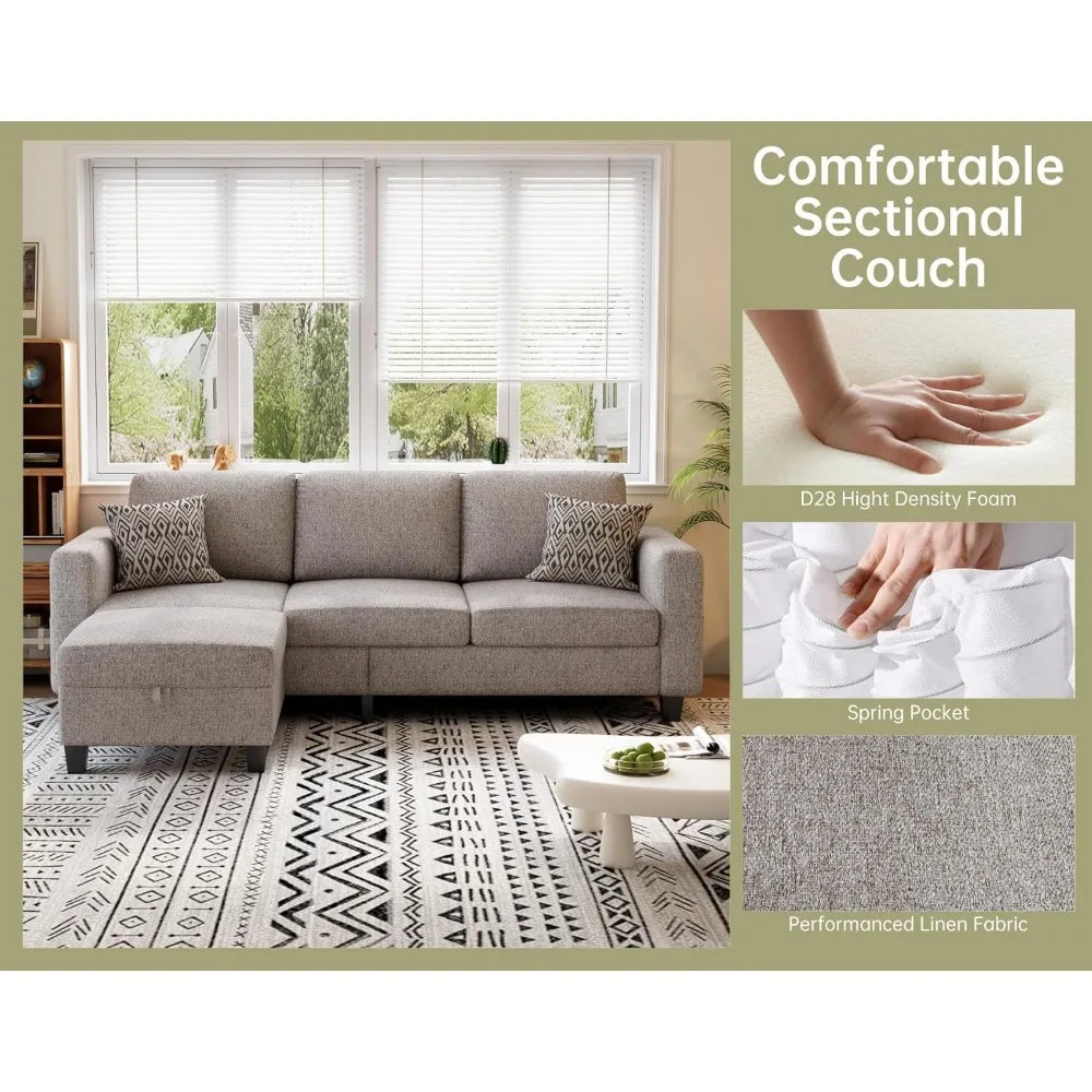 Sectional Couches for Living Room 78" Convertible L Shaped Couch with Storage Ottoman 3 Seater Modern Linen Fabric Sofas