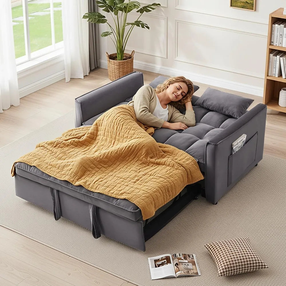 Convertible Sleeper Sofa Bed, 54'' Loveseat with Adjustable Backrest, Velvet Fabric, Pull Out Couch for Living Room