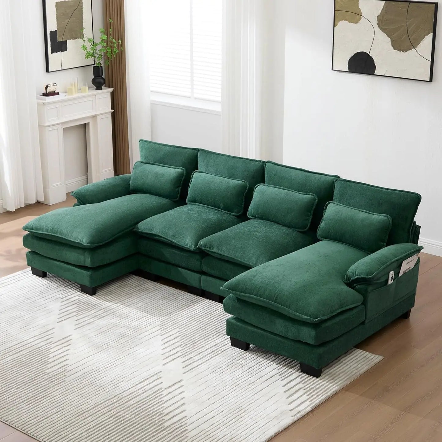 Modern U Shape Sectional Sofa Cloud Couch, 110" Upholstery Chenille Fabric Modular Couch, Comfy 4 Seat Sleeper Sofa With Double