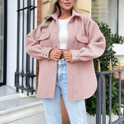 Womens Fleece Shirt Jacket Oversized Button Down Long Shacket Jacket With Pockets Zip Up Womens Solid Color Warm Sweatshirt
