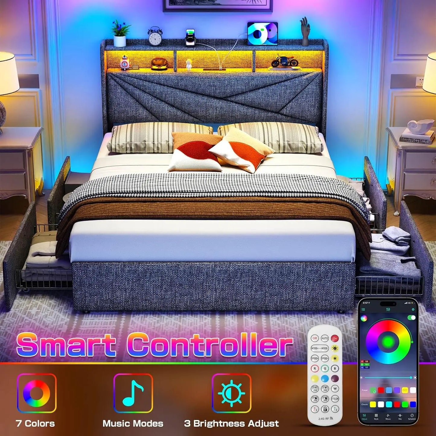 LED Queen Bed Frame with 4 Storage Drawers, Upholstered Bed Frame Queen Size with 2-Tier Headboard and Charging, Customized