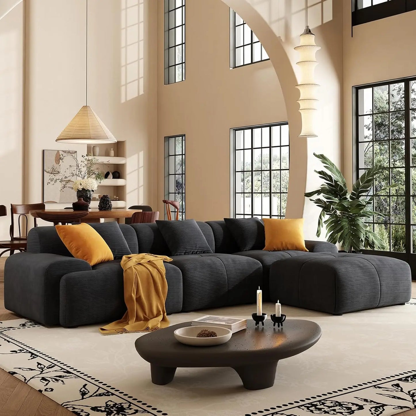 113" L-Shape Modular Sectional Sofa Corduroy Upholstery 3-Seater Cloud Couch Movable Ottoman Living Room Green, Customized