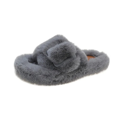 Women's Fashion Flat Fluffy Slippers Winter New Round Head Open Toe Suede Warm Comfortable Cotton Drag