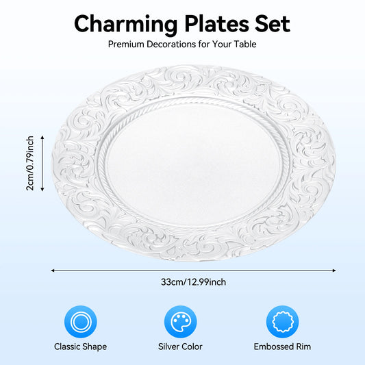 100-Piece Plastic Plates Set 13 Inch Round Embossed with Phoenix Floral Patterns Reusable Serving Plates for Wedding Banquets