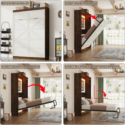 Queen Size Murphy Bed with LED Lights, Farmhouse Wood Hidden Wall Bed Frame, Space-Saving Storage Cabinet for Bedroom Office