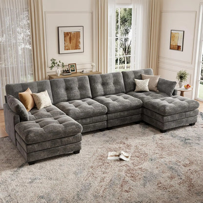 Modular Sectional U Shaped Sofa Couches for Living Room, Cloud Couch with Movable Ottoman, Comfy Chenille Sofa , Customized