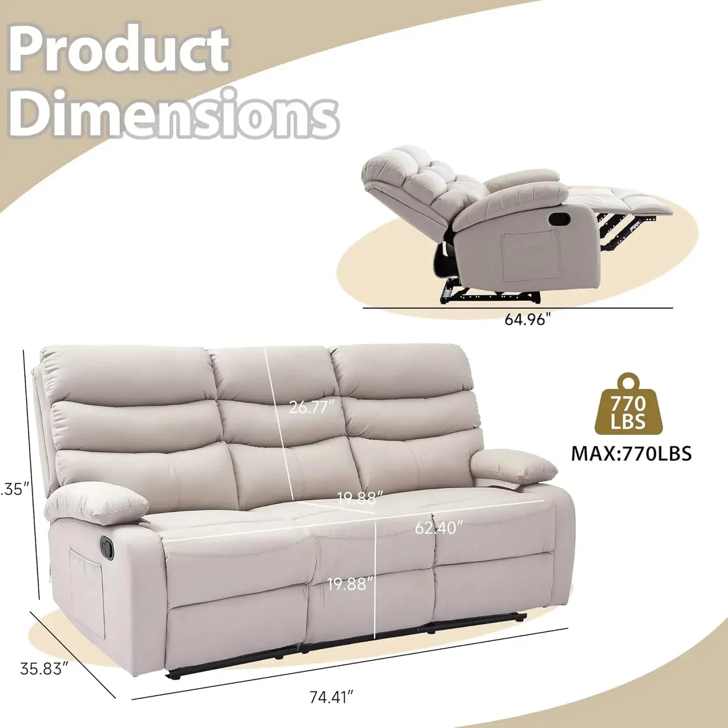 Manual 3 Seat Reclining Sofa Leather 3-Seater Manual Reclining Couch with Overstuffed Arms 3 Seater Couch Recliner, Customized
