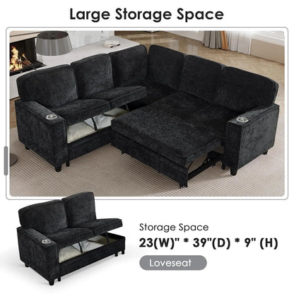 81" Modular Sectional Sofa, Pull Out Couch L Shaped 5-Seater Sectional with Hidden Storage, Cup Holders & USB, Customized