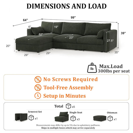 Cloud Modular Sectional Sofa Couch with Storage Ottoman, 99" Oversized Sectional Couches for Living Room, Cloud, Customized