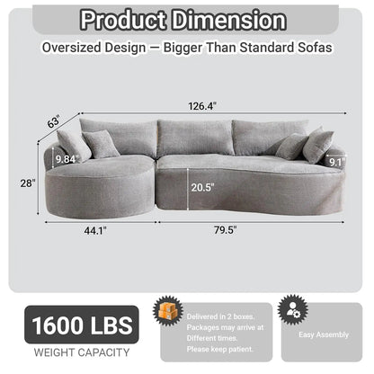 126.4" Oversized L-Shaped Boneless Sofa, Deep Seat Sectional Couch with Curved Seat Design and 7 Pillows,, Customized