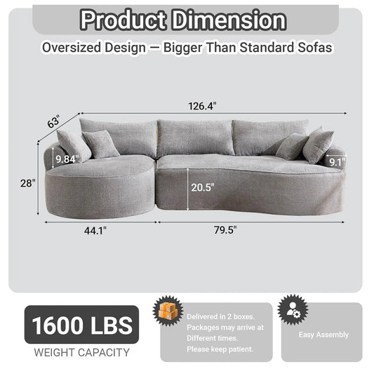 126.4" Oversized L-Shaped Boneless Sofa, Deep Seat Sectional Couch with Curved Seat Design and 7 Pillows,, Customized