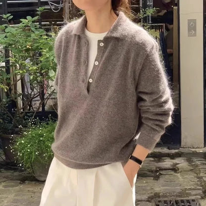 100% Wool Women's Knitted Sweater 2025 Autumn/Winter New Solid Color Casual Collar Polo Wool Sweater