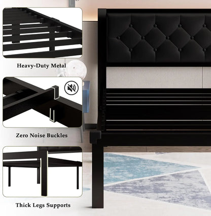 Twin Size Metal Bed Frame with Faux Leather Headboard, 12" Storage, Noise Free, Black