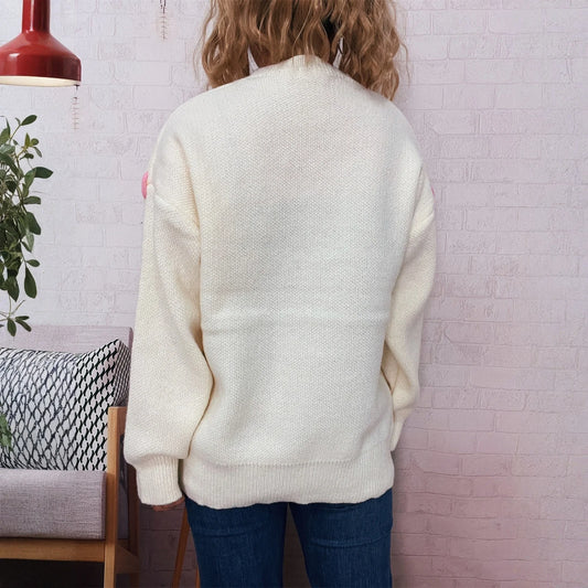 Women'S Fashion Casual Loose Versatile Bear Decoration Handmade Drawstring Long Sleeve Round Neck Pullover Sweater Pulls Femmes