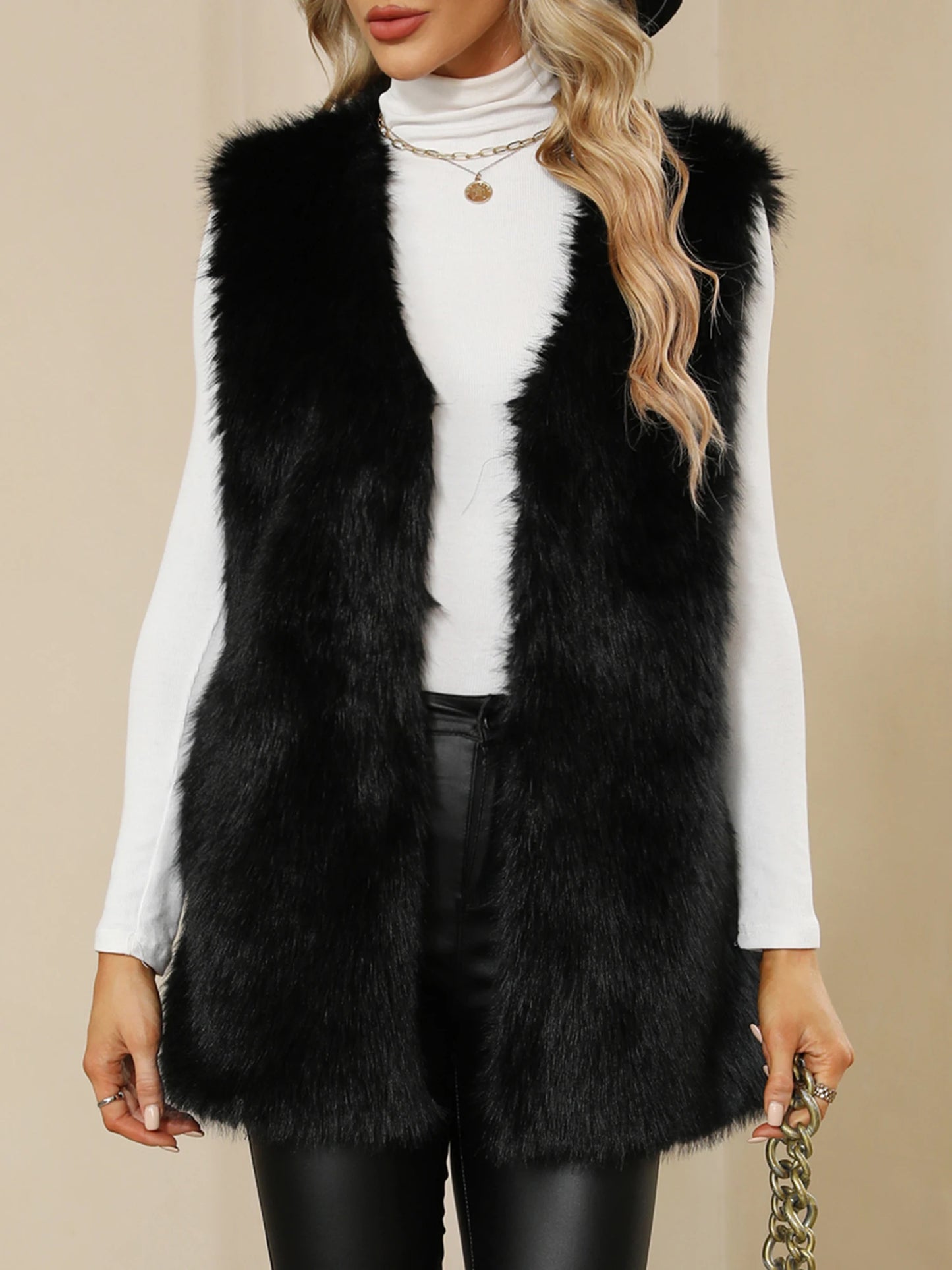 Ladies Winter Sleeveless Vest Button-Up Faux Fur Jacket with Solid Color Design for Warmth and Style