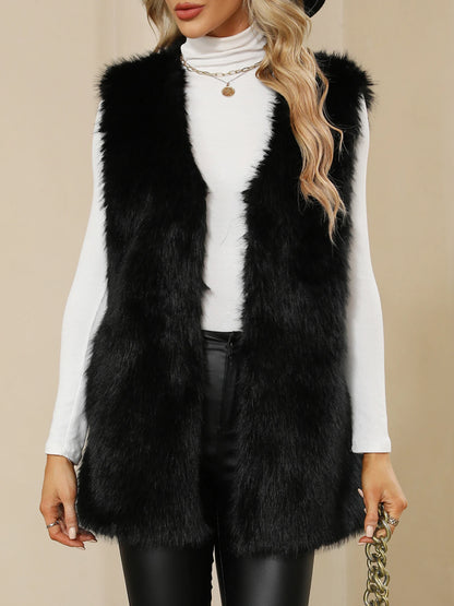 Ladies Winter Sleeveless Vest Button-Up Faux Fur Jacket with Solid Color Design for Warmth and Style